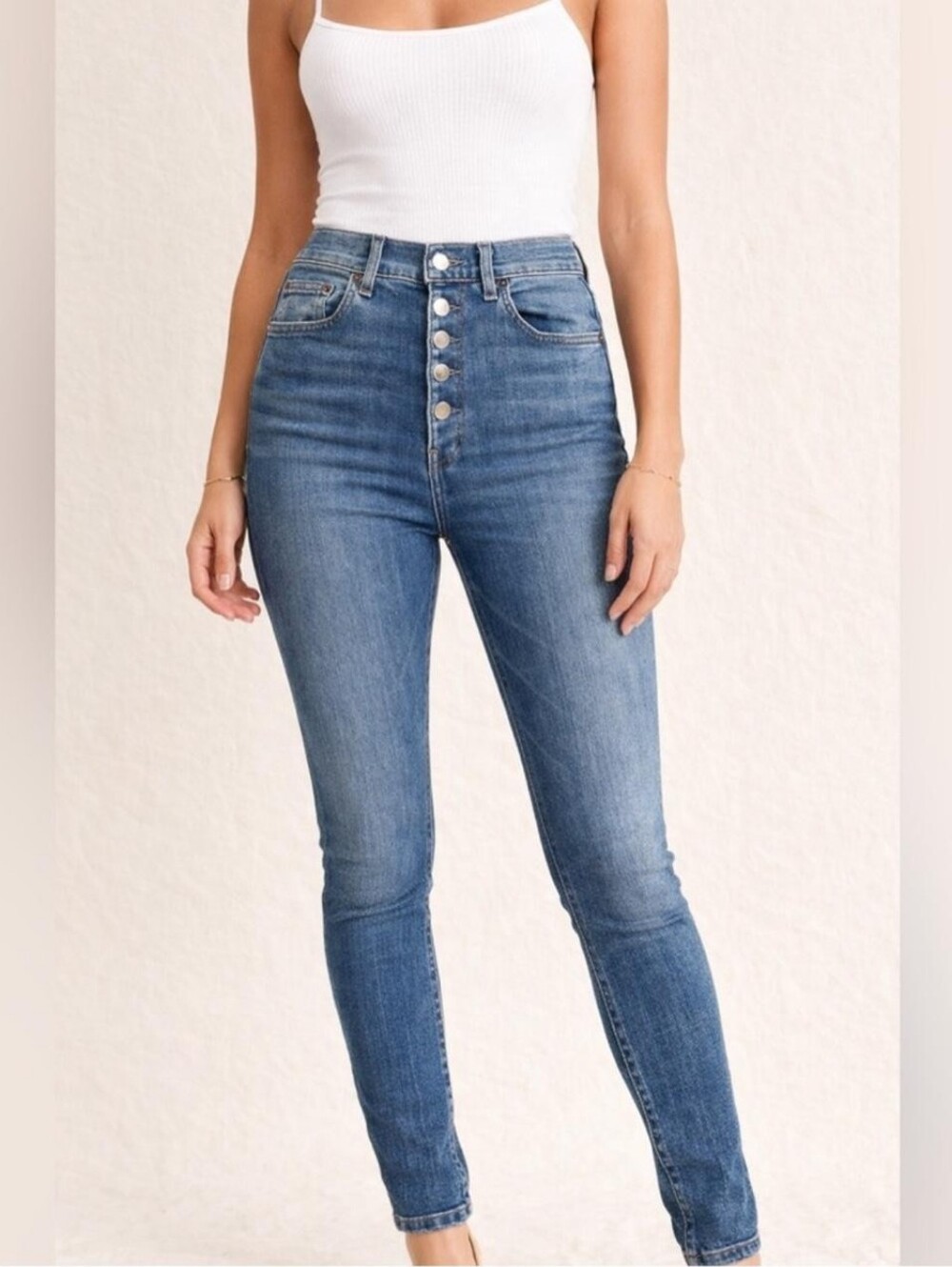 Reformation Harper High-Rise Button-Fly Skinny Jeans - Medium Blue